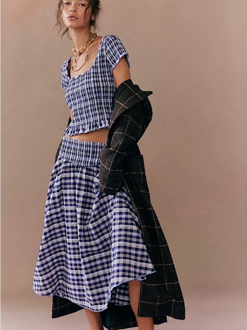 Free People Braveheart Plaid Midi Skirt - navy plaid XS - convertible to dress!